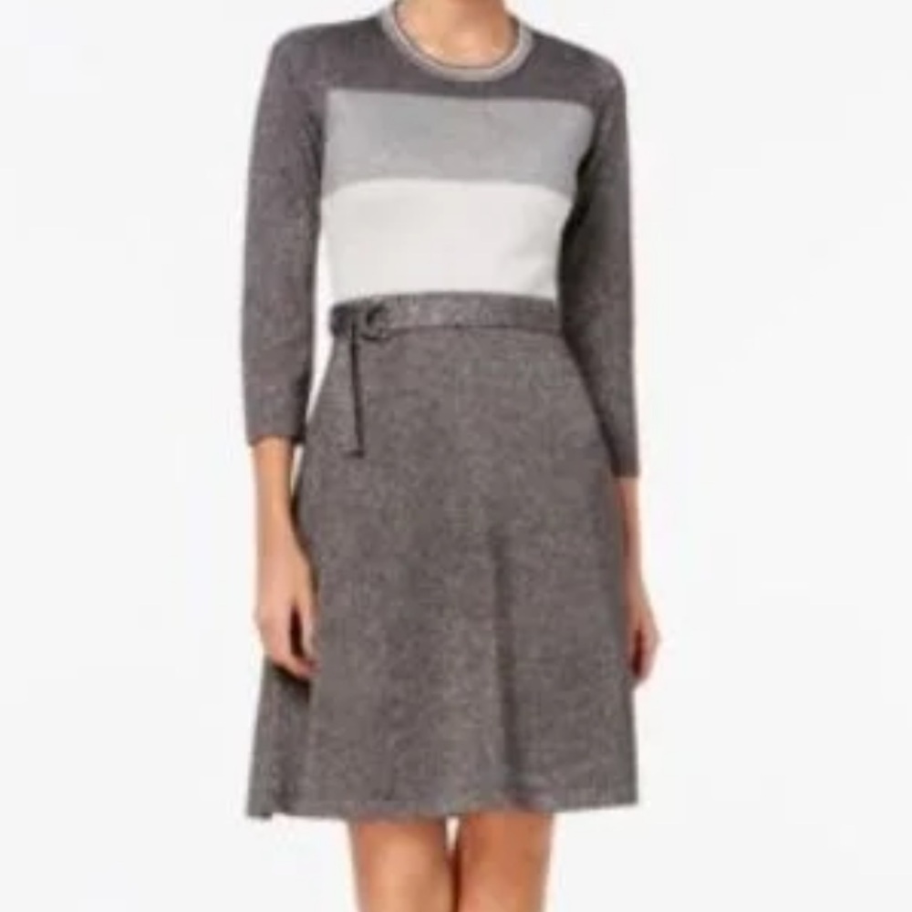 Calvin Klein Sparkle Metallic Sweater Belted Gray Dress, Sz L - Picture 3 of 5